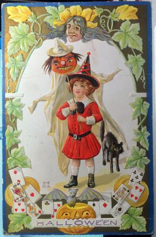 Stick Pumpkin Witch Halloween Post Card 1905 - 15 Playing Cards,  Child,  Black Cat