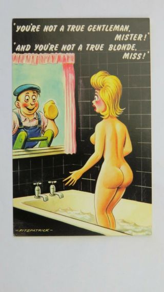 1970s Risque Vintage Comic Postcard Window Cleaner Nude Bathing Blonde Big Boobs