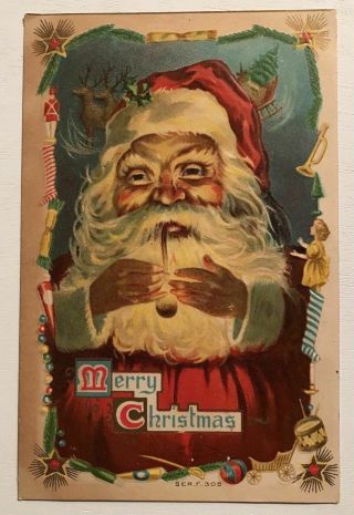 Big Beard Santa Claus With Pipe & Toy Border Antique Christmas Postcard - C583