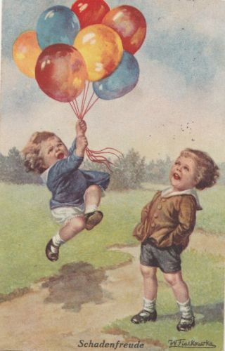 W.  Fialkowska.  Little Girl Lifted Up By Balloons,  Boy Laughs