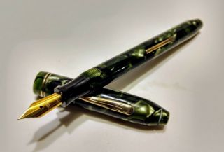Unbranded Deco Fountain Pen / Green Marble / Gft / Lever - Fill / F Nos Firm Nib