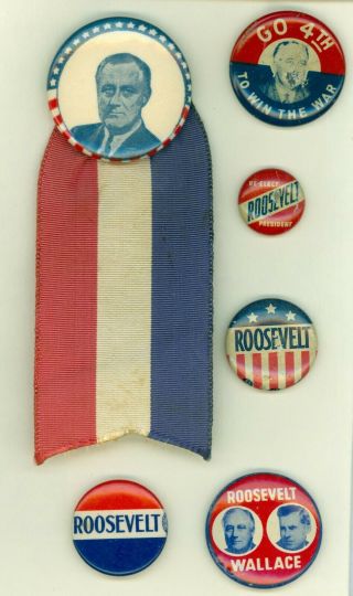6 Vtg 1940 - 44 President Franklin Roosevelt Political Campaign Pinback Buttons