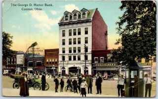 Canton,  Ohio Postcard " The George D.  Harter Bank " Building / Street Scene C1910s