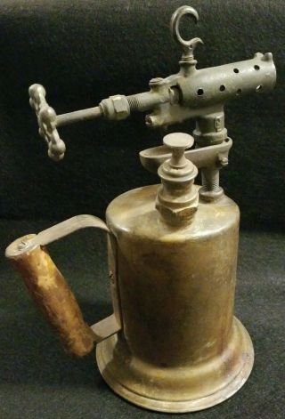 Antique Clayton And Lambert Brass Blow Torch W/ Wooden Handle 1921