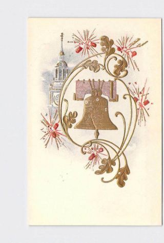 Antique Postcard 4th Of July Liberty Bell Gold Embossed Fireworks Clock Tower