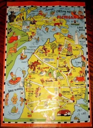 Michigan Cartoon Fun Map Folded Postcard 1940 