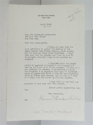 1918 Mrs President Grover Cleveland Typed Letter Signed Tls First Lady Frances