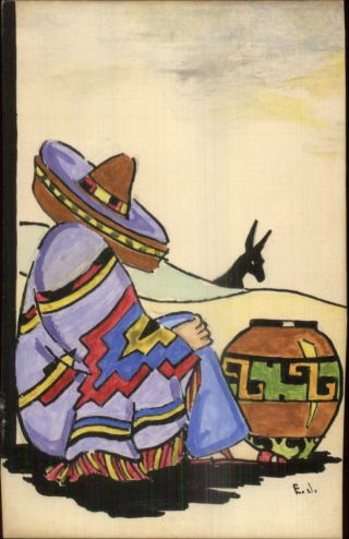 Hand Painted Handmade Art Native Indian Shawl Hat Pottery E.  J.  Postcard Size