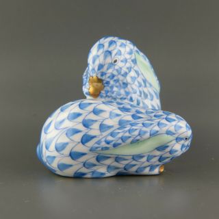 Herend Blue Fishnet Figurine Of Two Bunny Rabbits