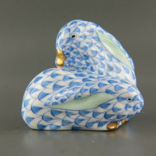 Herend Blue Fishnet Figurine of Two Bunny Rabbits 6