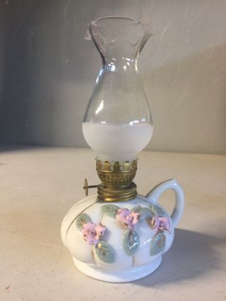 Vintage Oil Lamp Lantern Miniature Ceramic Porcelain Hurricane Lamp Floral Japan