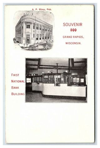 Vintage Postcard First National Bank Building Lobby Grand Rapids Wisconsin D3
