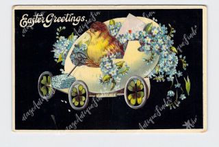 Ppc Postcard Easter Chick Egg Car Flowers Clover Wheels