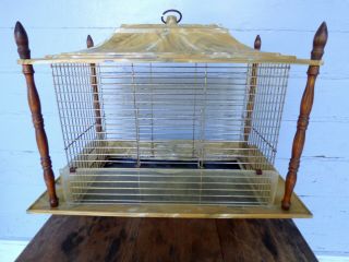 Vintage Mcm Pagoda Metal Bird Cage Swirled Plastic/wood Awesome