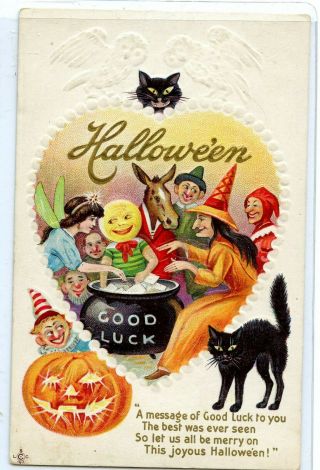 Halloween Postcard Witch Black Cat & Jack O Lantern Clown Donkey 1914 216e