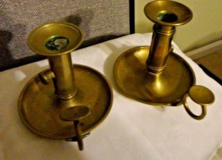 Set Of 2 Antique Solid Brass Push Up Chamberstick Candle Holder With Finger Loop
