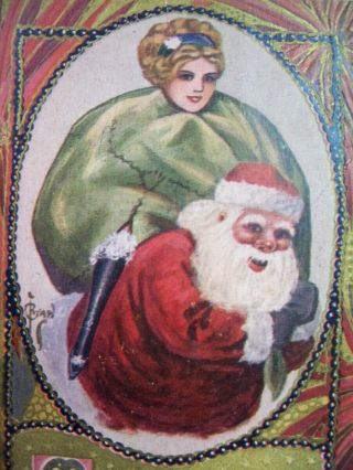 Marry Christmas Santa With Lady In Toy Bag Signed Postcard Brown Gloves Leg Out