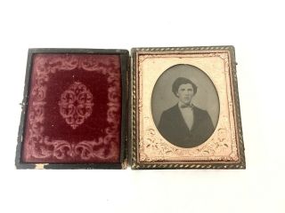 Antique Tintype Daguerreotype Photo Of Young Man With Bow Tie In Full Case