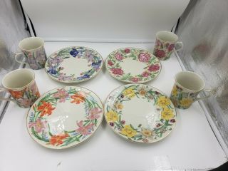 Suzanne Clee Lenox Rose Lily Iris Daffodil 4 Cups Dessert Plates Flower Blossom