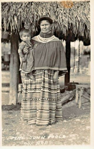 Seminole Indian Woman & Baby - Mrs John Poole - Native American Real Photo Postcard