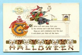Antique Embossed Halloween Postcard Witch Jol & Owls Nash Series H - 17