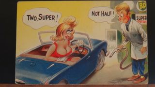Bamforth Comic Postcard: Big Boobs,  Sports Motor Car,  Motoring & Petrol Station