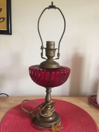 Vintage Swirl Ruby Red Glass & Brass Lamp Electric - Was Oil?