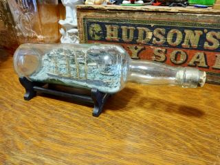 Antique Ship - In - A - Bottle W/ Stand Hand Blown Handmade Glass Bottle Boat