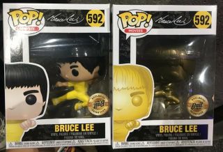 In Hand Sdcc 2019 Funko Pop Both 592 Bruce Lee Gold And Standard Jump Kick Bait