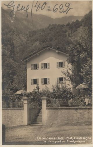 Switzerland (ch21) 1946 Postc.  Hotel Post Castasegna Stamped To Italy