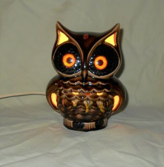 Vintage Ceramic Owl Lamp Night Light Mid Century,  Drip Glazed