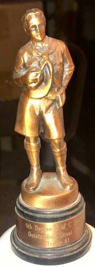 1967 Boy Scout Trophy Award 5” Statue 4th Degree K Of C Award Outstanding Scout