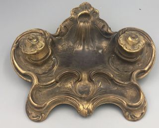 Antique Art Nouveau Victorian Brass Ornate Desk Inkwell France