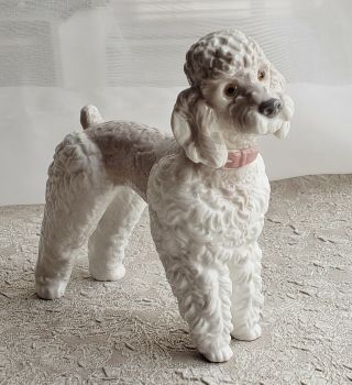 Lladro Spain Poodle Wooly Dog Figurine White Pink Standing Euc No Box