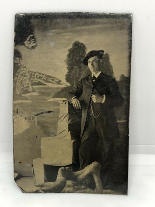 Vintage 1800’s Tintype Photo Man With Hat And Pocket Watch And Tree Branch 4