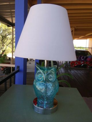 Glass Owl Lamp Light Turquoise Silver Base
