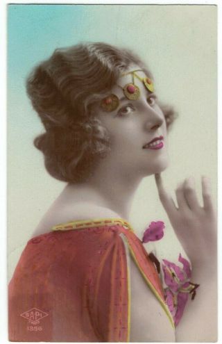 1925 Pretty Flapper Lady W/ Art Deco Era Headdress Vintage French Rppc