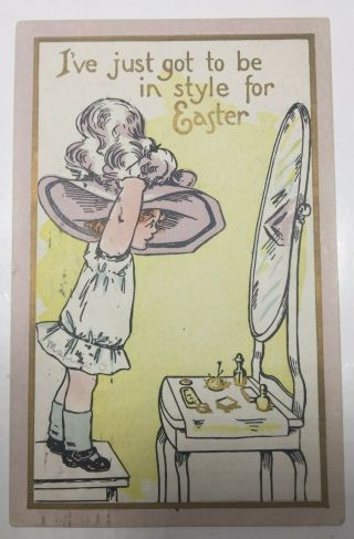 Vintage Easter Postcard Girl & Hat At Dressing Table,  Posted 1913 Darling