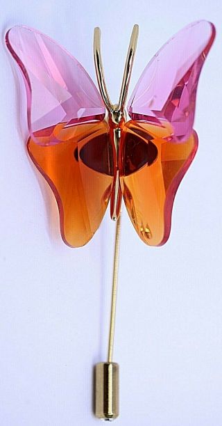 Signed Swarovski Butterfly Crystal Stick Pin Pink Orange Gold Plated Sterling