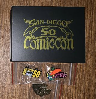 Sdcc 2019 San Diego Comic Con 50th Year Anniversary Pins (3) And Box
