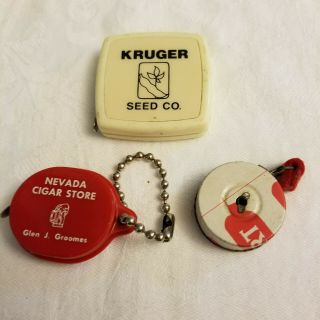3 Vintage Mini Pocket Size Tape Measures Kruger Seed & Nevada Cigar Store,