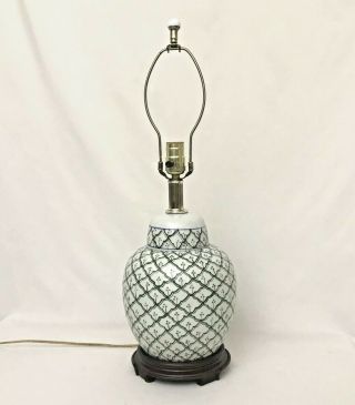 Asian Ginger Jar Lamp White With Green Lattice Wood Footed Base