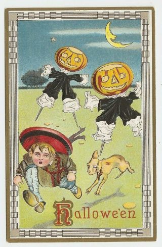 Halloween Boy And Dog Run From Scarecrows With Pumpkins For Head Moon Postcard