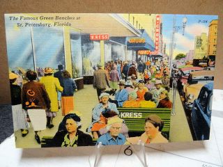 Linen Postcard The Famous Green Benches In St.  Petersburg Florida