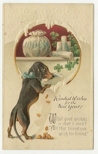 Postcard Year Kind Wishes Dachshund Dog Bags Of Money Four Leaf Clover