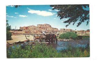 Taos Nm Indian Pueblo Horse Team & Wagon Vtg Postcard