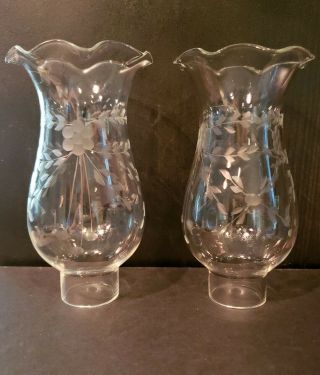 Set Of 2 Vintage Glass Crimped Gray Cut Floral Leaves Lamp Shades