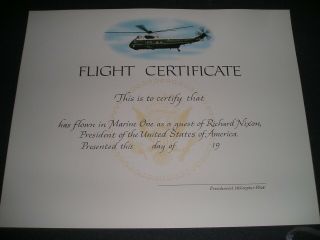 White House President Richard Nixon Marine One Flight Certificate