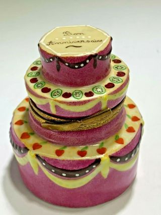 Vintage Limoges France Peint Main Mn " Bon Anniversary Cake " Trinket Box