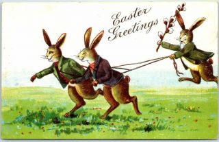 Vintage Easter Holiday Embossed Postcard Dressed Rabbits Suits C1910s